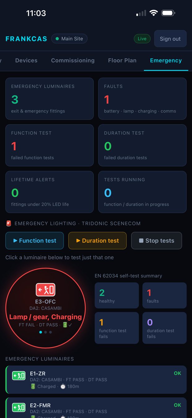 FRANKCAS X2 mobile emergency lighting view with EN 62034 self-test summary and per-fitting status