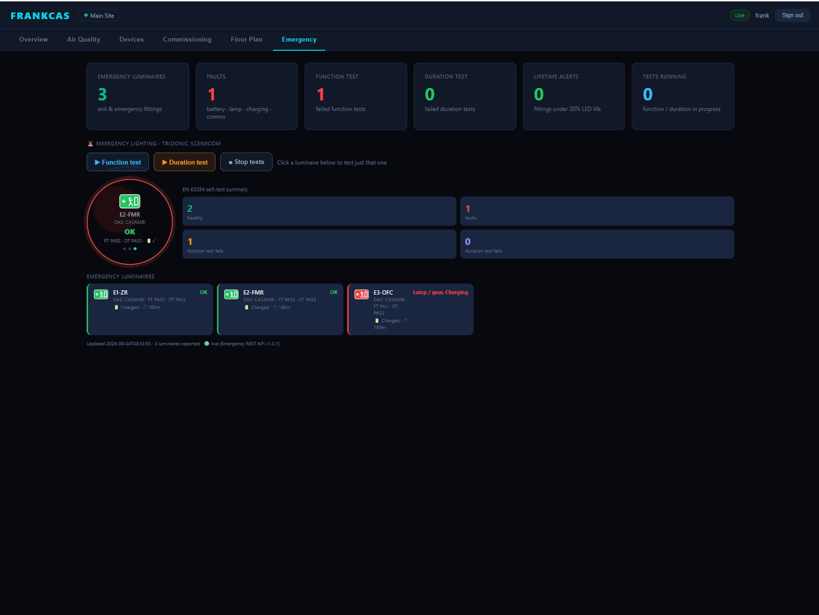 Emergency lighting status page
