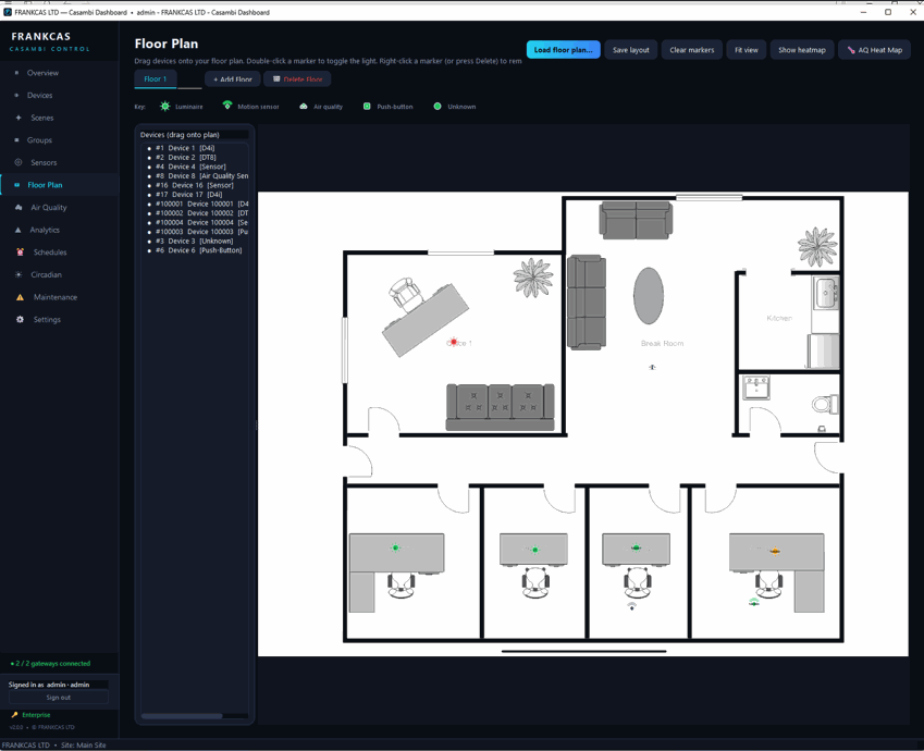 X2 floor plan view with live device positions