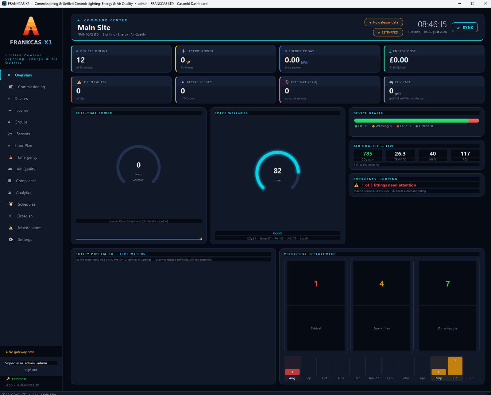 FRANKCAS X2 command centre showing devices, power, energy cost, air quality and emergency lighting status
